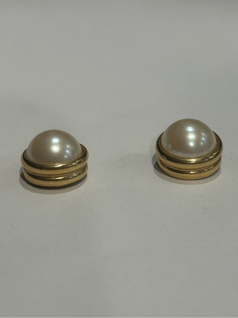 Marvella Faux Pearl Button Pierced Stud Earrings Gold Tone Vintage